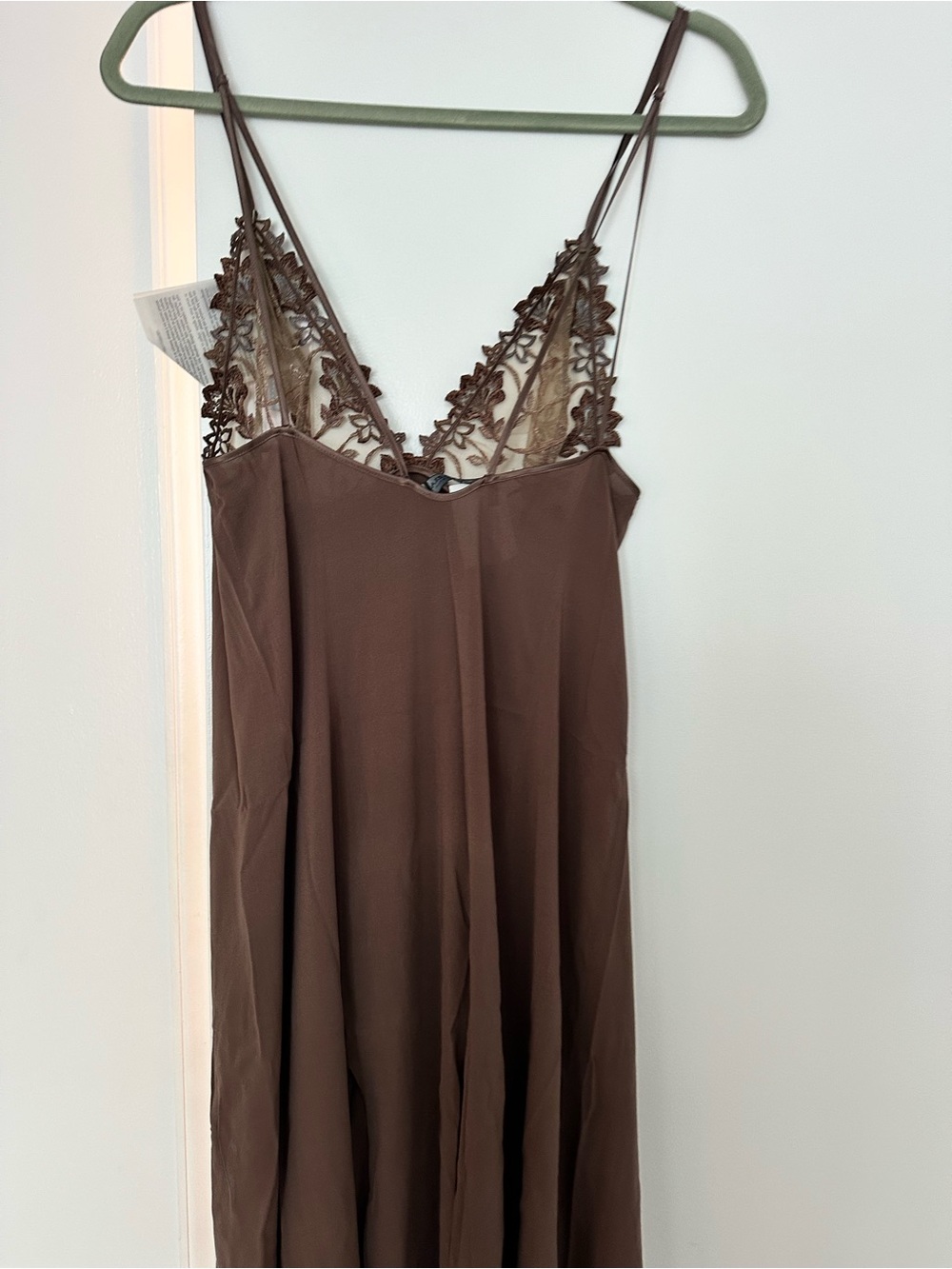 La Perla Silk Malizia Brown Lace-Trim Slip nightgown with Side Slits - Picture 5 of 14